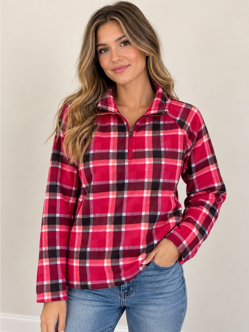 NWT Eddie Bauer Red Plaid Half-Zip Fleece Pullover